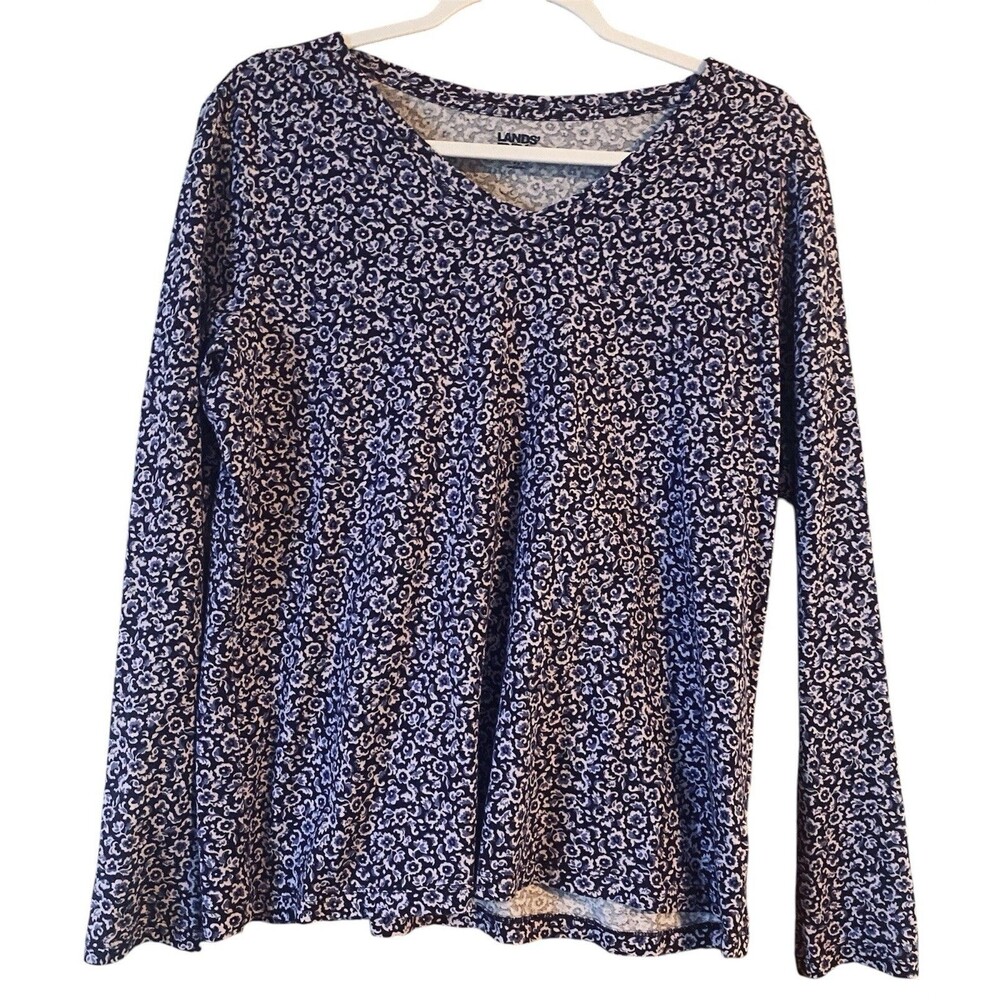Lands End Tee Women's Size M Long Sleeve Cotton Purple Floral Print Top
